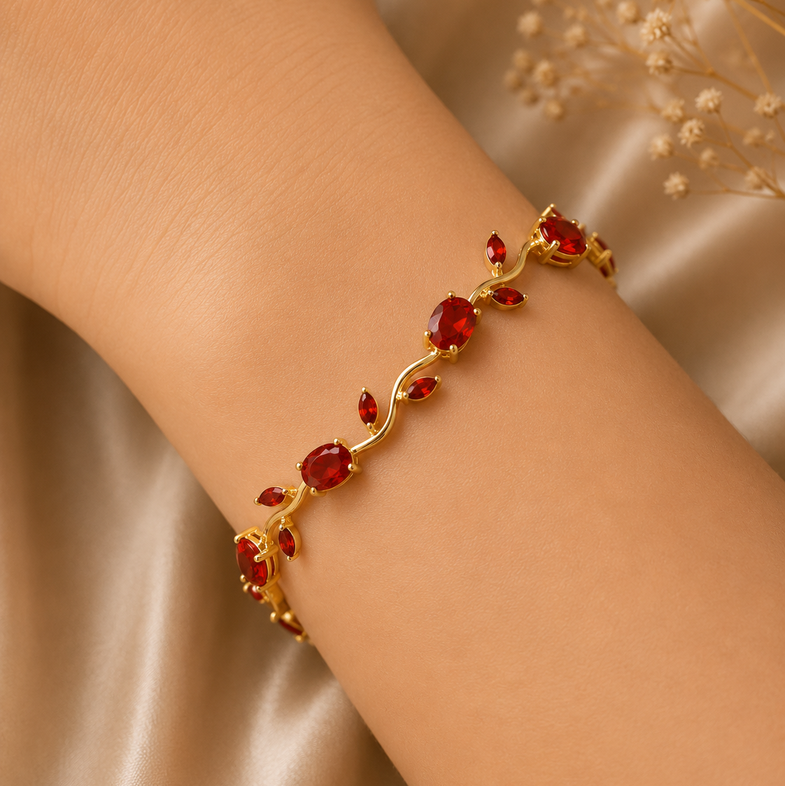 A gold-toned bracelet with multiple red gemstones arranged along a curved vine design, shown worn on a person's wrist against a soft beige satin background with dried flowers.